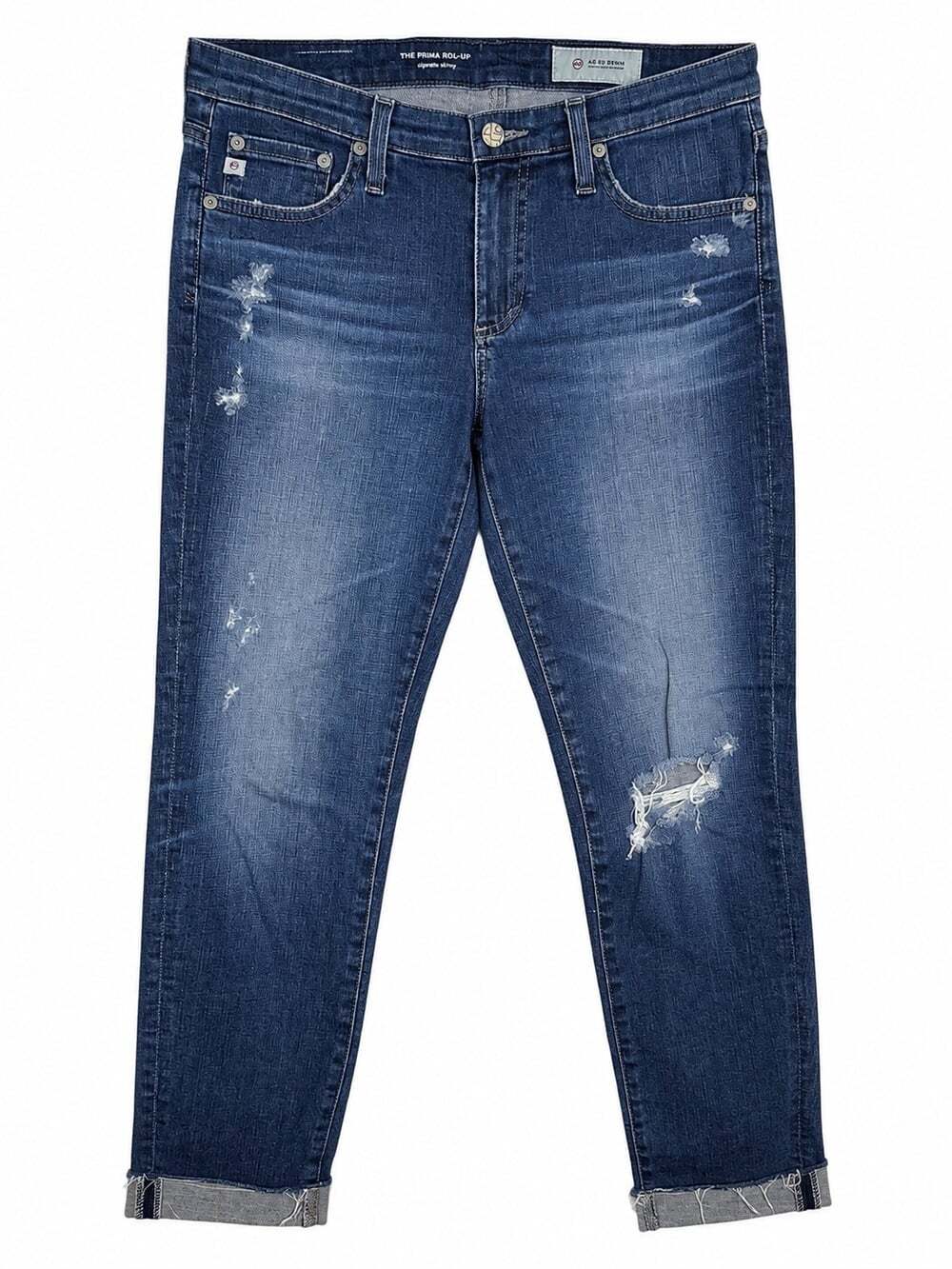 AG Adriano Goldschmied Prima Cigarette Roll-Up Jeans Distressed Sz 28 28R blue